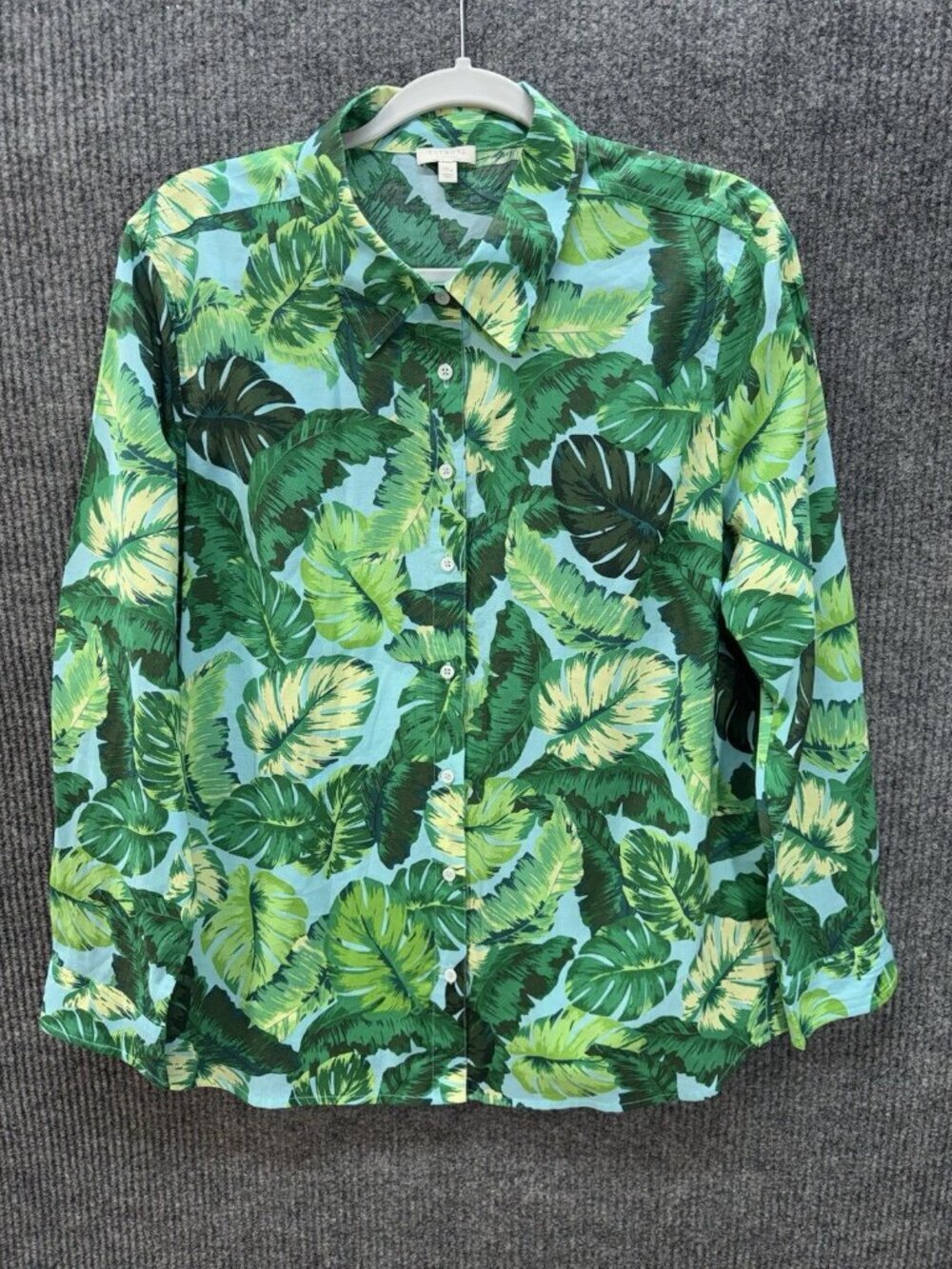 Talbots Button Front Shirt Womens XLP Petite Green Palm Leaves Long Sleeve Top